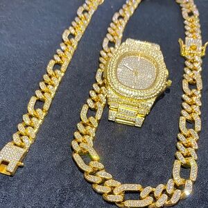 Gold-Tone Watch and Chain Set bracelet combo Cuban 20”